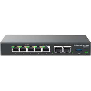 All-in-one convergence device: VPN Router, NGFW, Switch and IP PBX. 2x SFP, 5x GbE WAN/LAN, 4x PoE-Out, 2.5Gbps NAT routing, 160K NAT sessions, VPN 1Gbps, IDS/IPS 900Mbps, PBX up to 200 SIP users or 24 concurrent calls (default 12/4), cloud provisioning, local AP controller, 48V/1A PSU